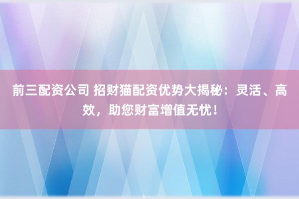 前三配资公司 招财猫配资优势大揭秘：灵活、高效，助您财富增值无忧！