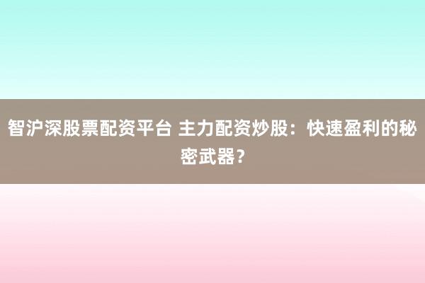 智沪深股票配资平台 主力配资炒股：快速盈利的秘密武器？